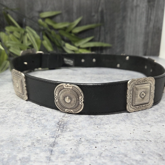 Vintage Brighton 1992 Western Black Concho Leather Belt Silver Buckle Medallions